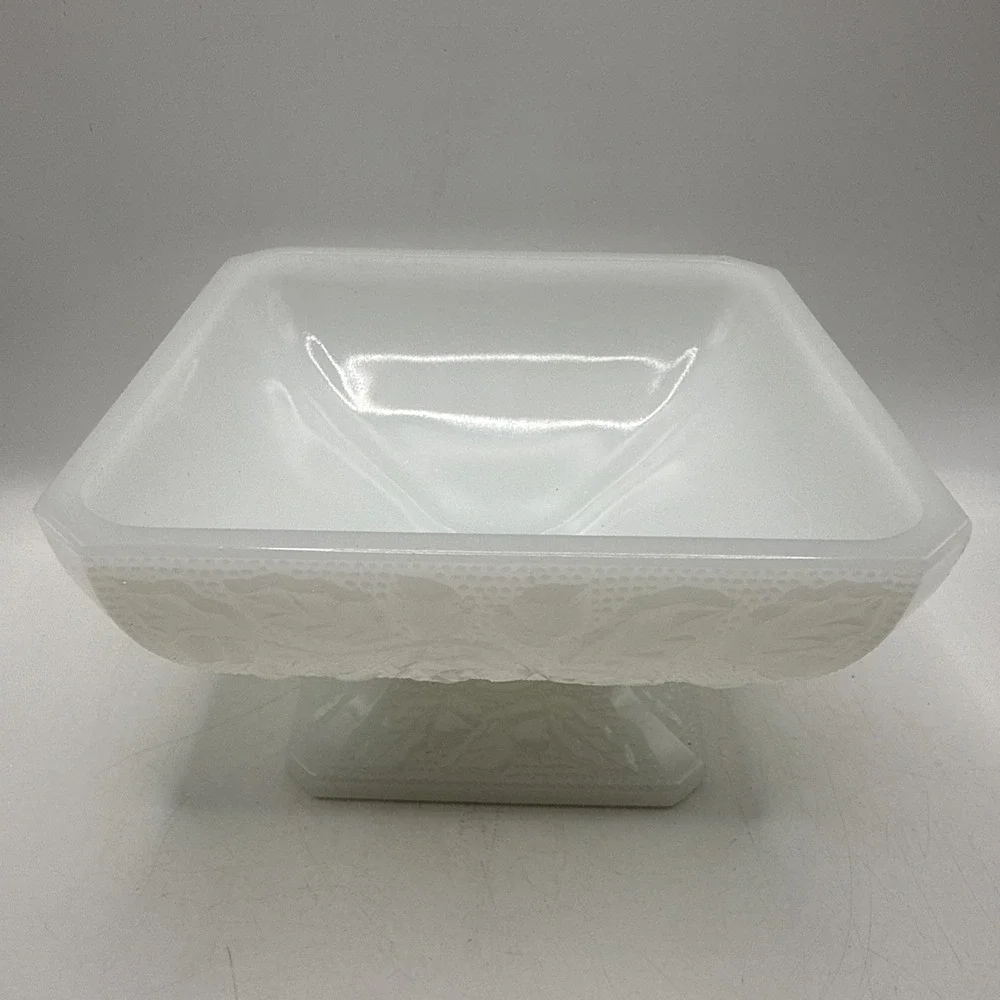 Vintage Jeanette Milk Glass Square Pedestal Candy Dish Acorn & Leaf Pattern